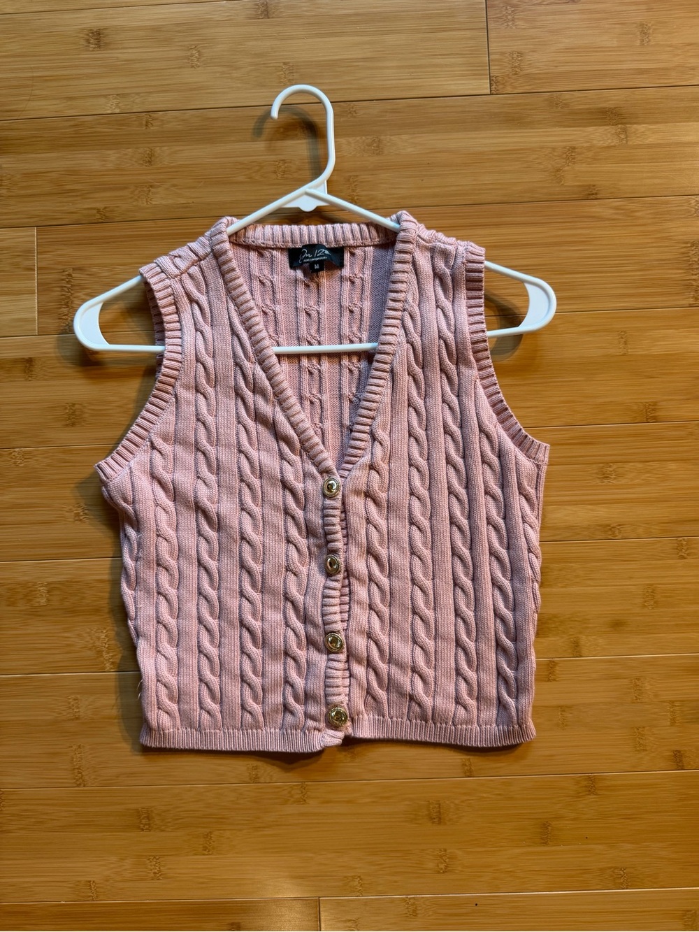 On 12th Cable Knit Sweater Vest - Pink - Gold Buttons